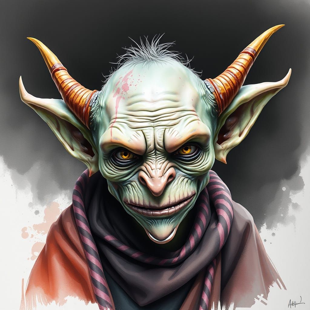 Fantasy Goblin in Dark, Detailed Watercolor Portrait