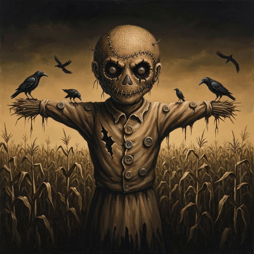 Grotesque Scarecrow in Desolate Cornfield as Gouache Paintin...