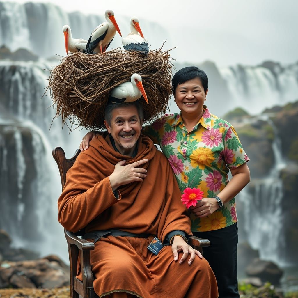 Surreal Stork Nest Portrait with Waterfalls
