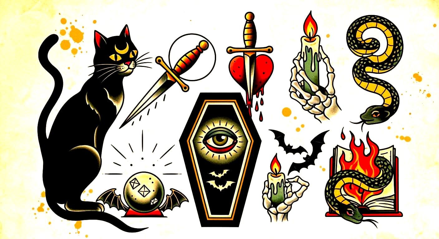Gothic Occult Flash Sheet in American Traditional Style