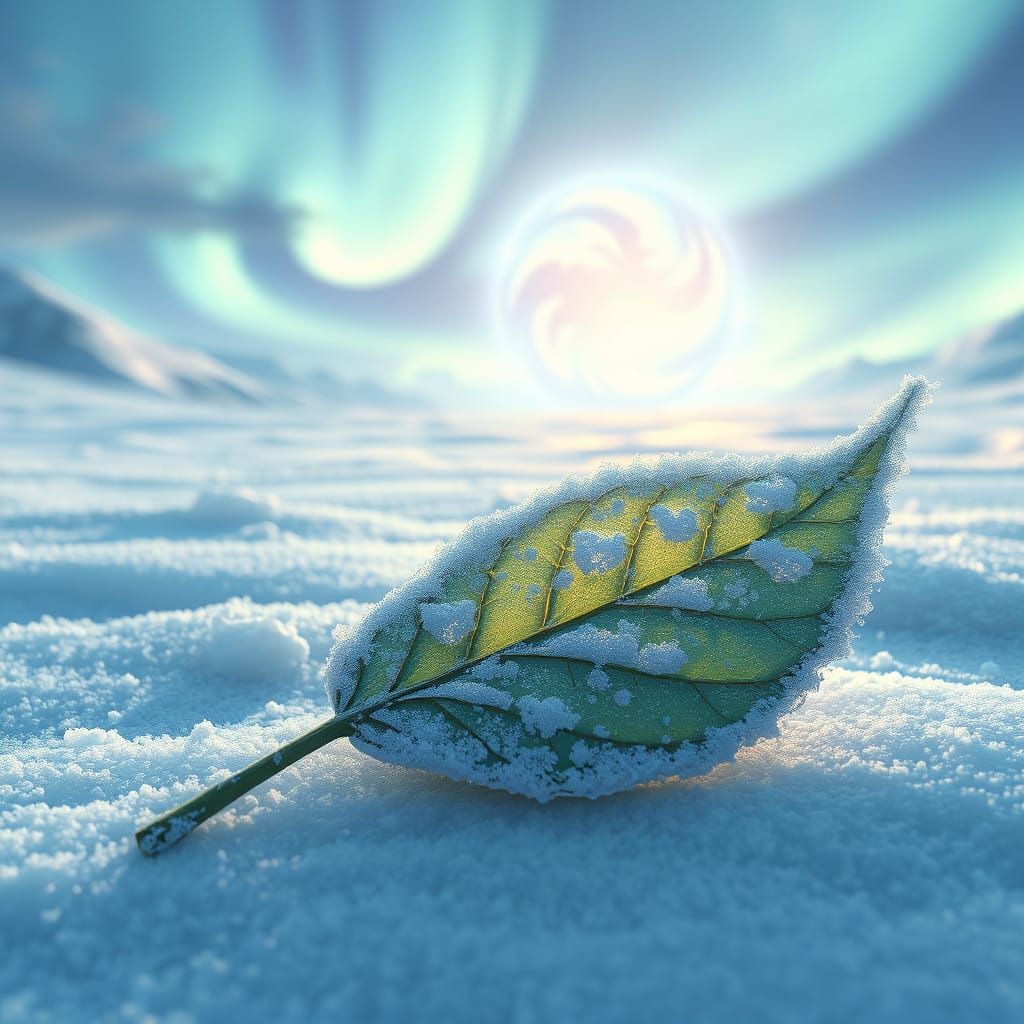 Dazzling Frost-Kissed Leaf Illuminated by Aurora Borealis in...