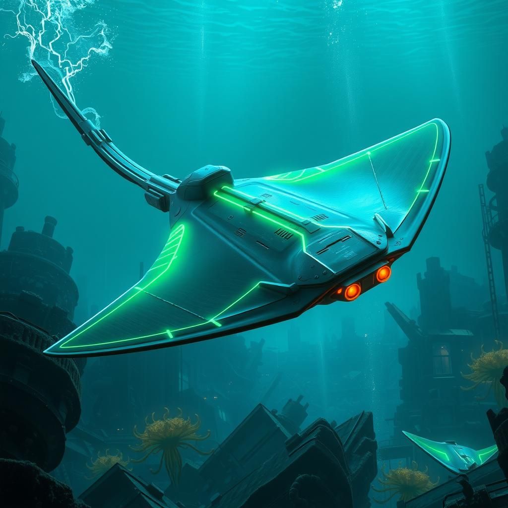 Futuristic Mechanized Stingray in Cyberpunk Cityscape