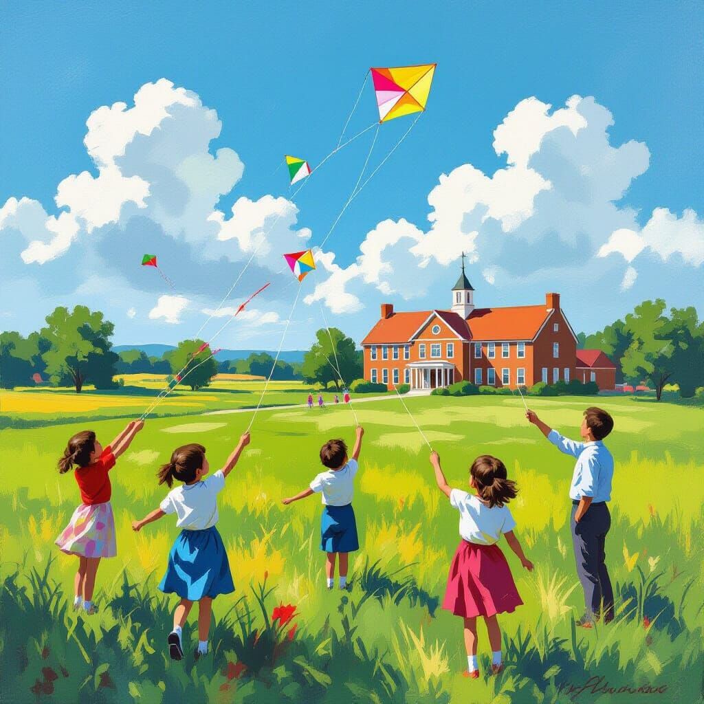 Children Flying Kites in a Sunny Field