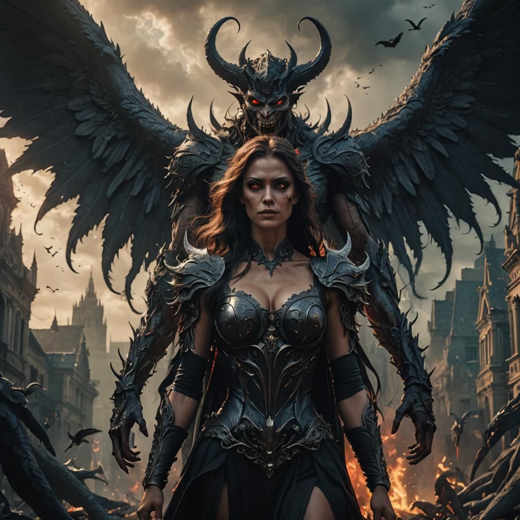 Demon Woman Confronts Angel in Epic Digital Painting