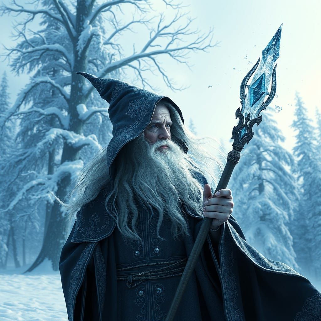 Ethereal Winter Wizard in Snowy Forest Creates Magic with Ic...