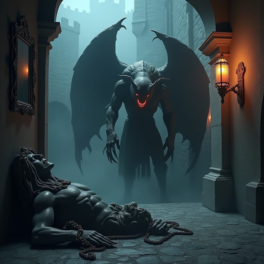 Gargoyle Emerges in Dark Courtyard: A Gothic Halloween Scene