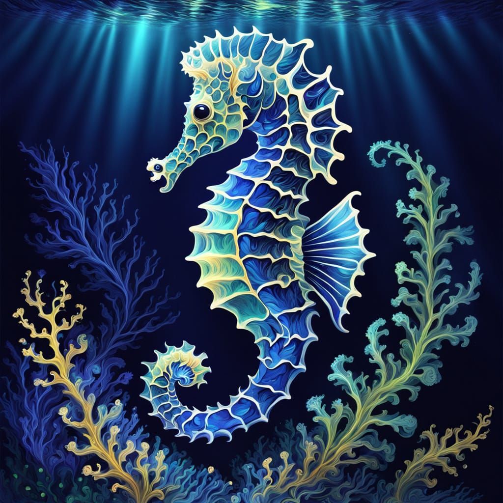 Electric Blue Seahorse in Fractal Style Painting