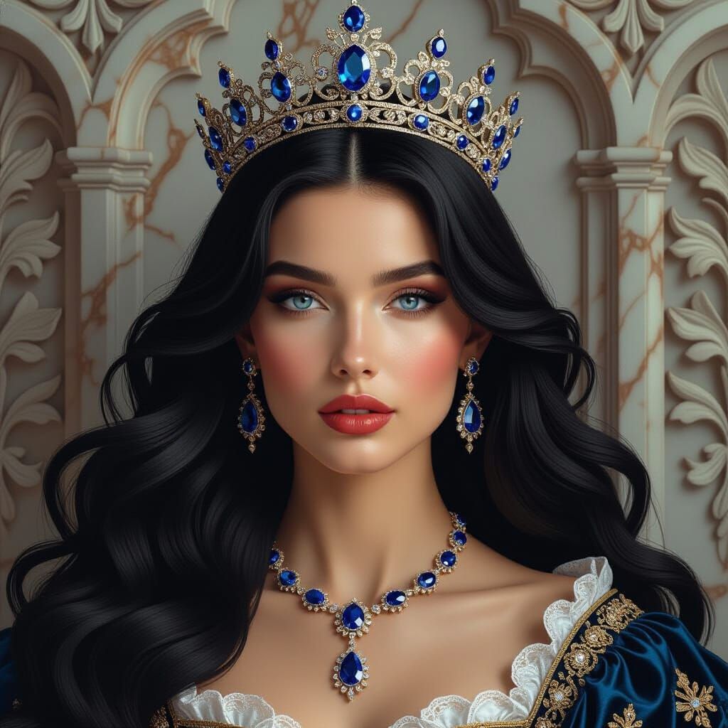 Queen with Flowing Black Hair and Gemstone Crown