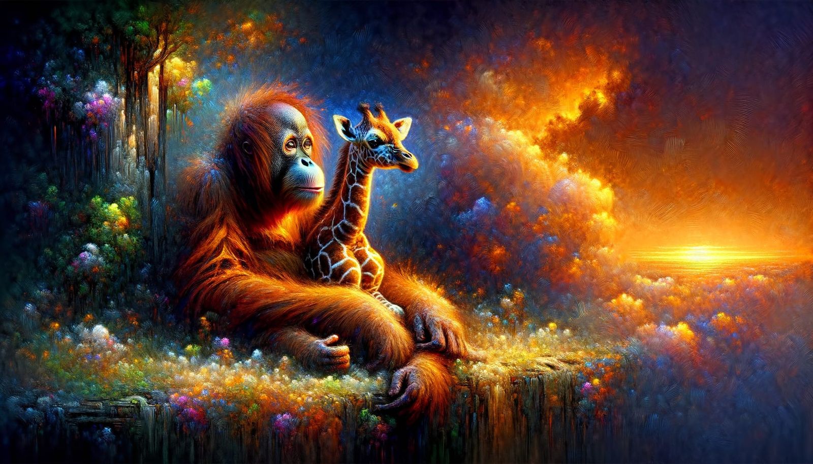 Orangutan and Giraffe Watch Sunset in Gothic Fantasy Style