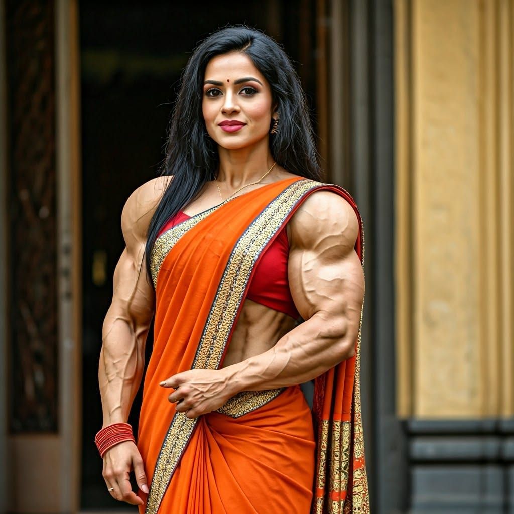 Indian Goddess in Sari, Hindu Temple, Muscular Physique