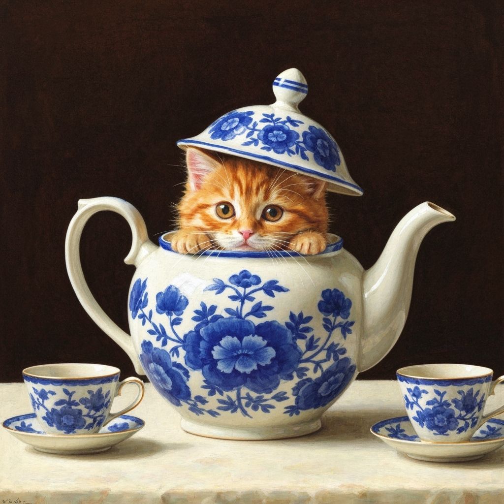 Kitten Peeking From Teapot Lid in Gouache Style