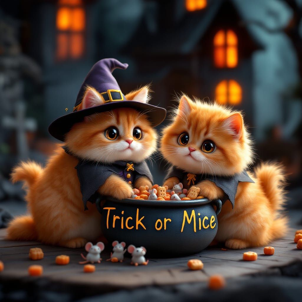Halloween Cats in 3D Anime Style with Candy