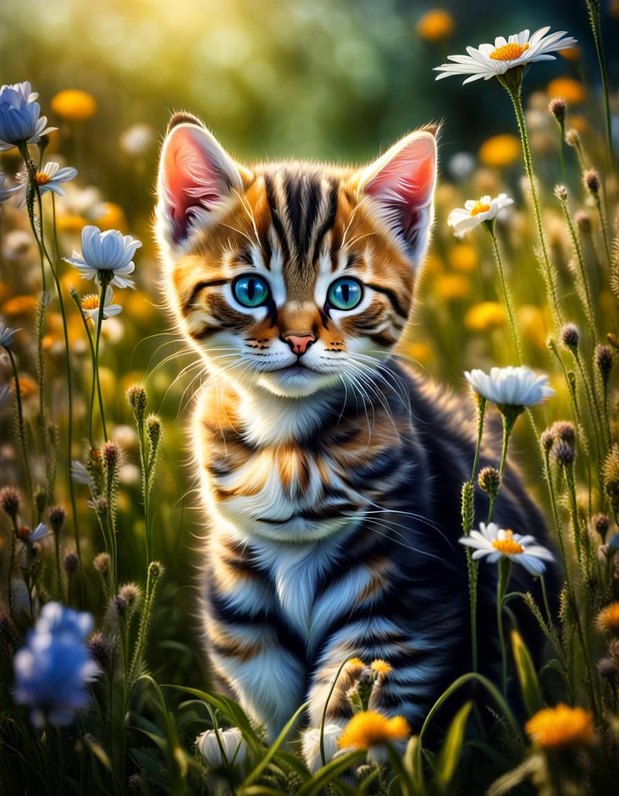 Cute Kitten in Flower Meadow, Floral Still Life