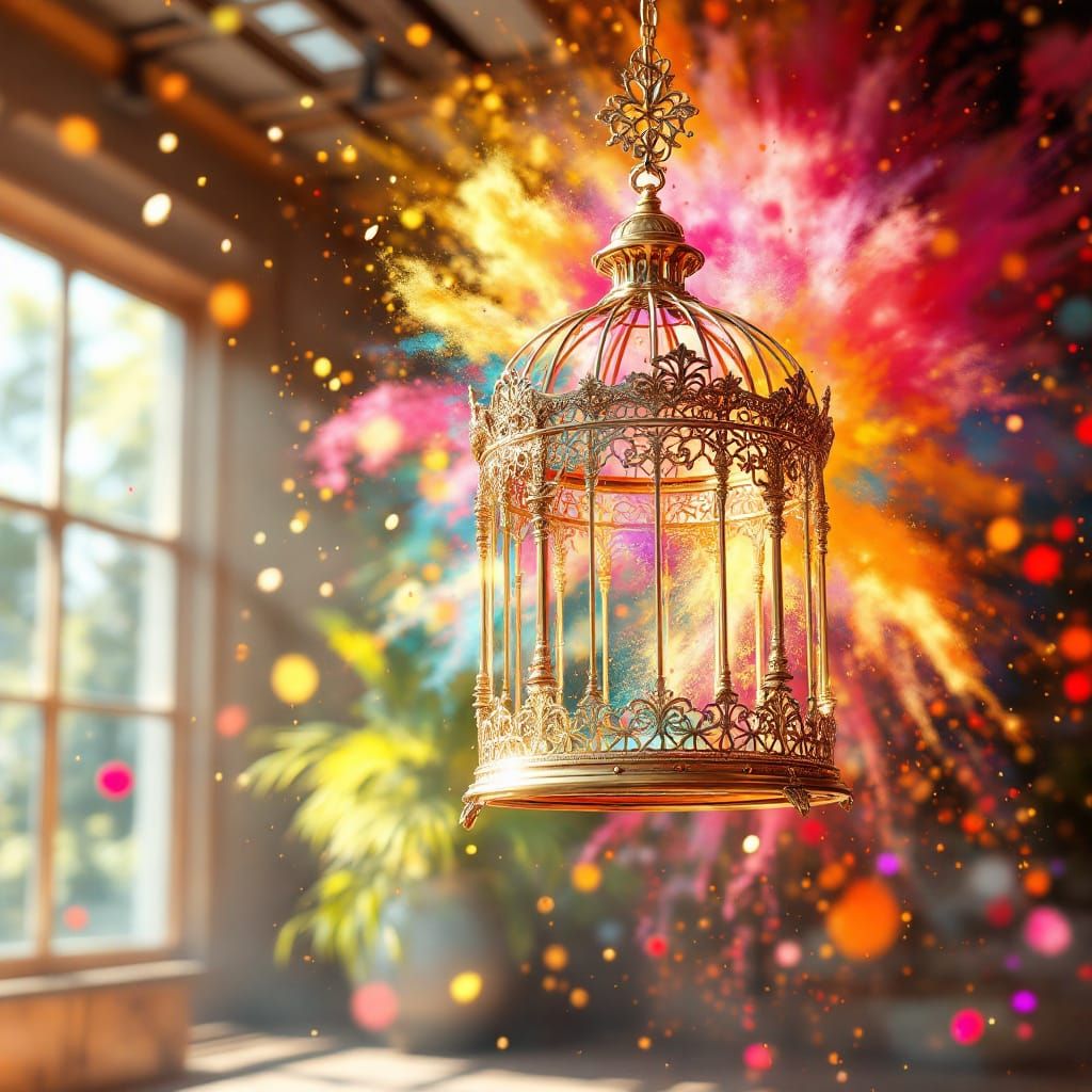 Hyperrealistic Golden Bird Cage in Sunlit Room