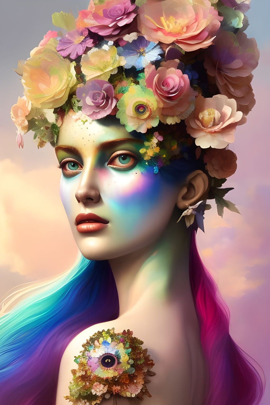 Rainbow Goddess with Glowing Eyes, Fantasy Art