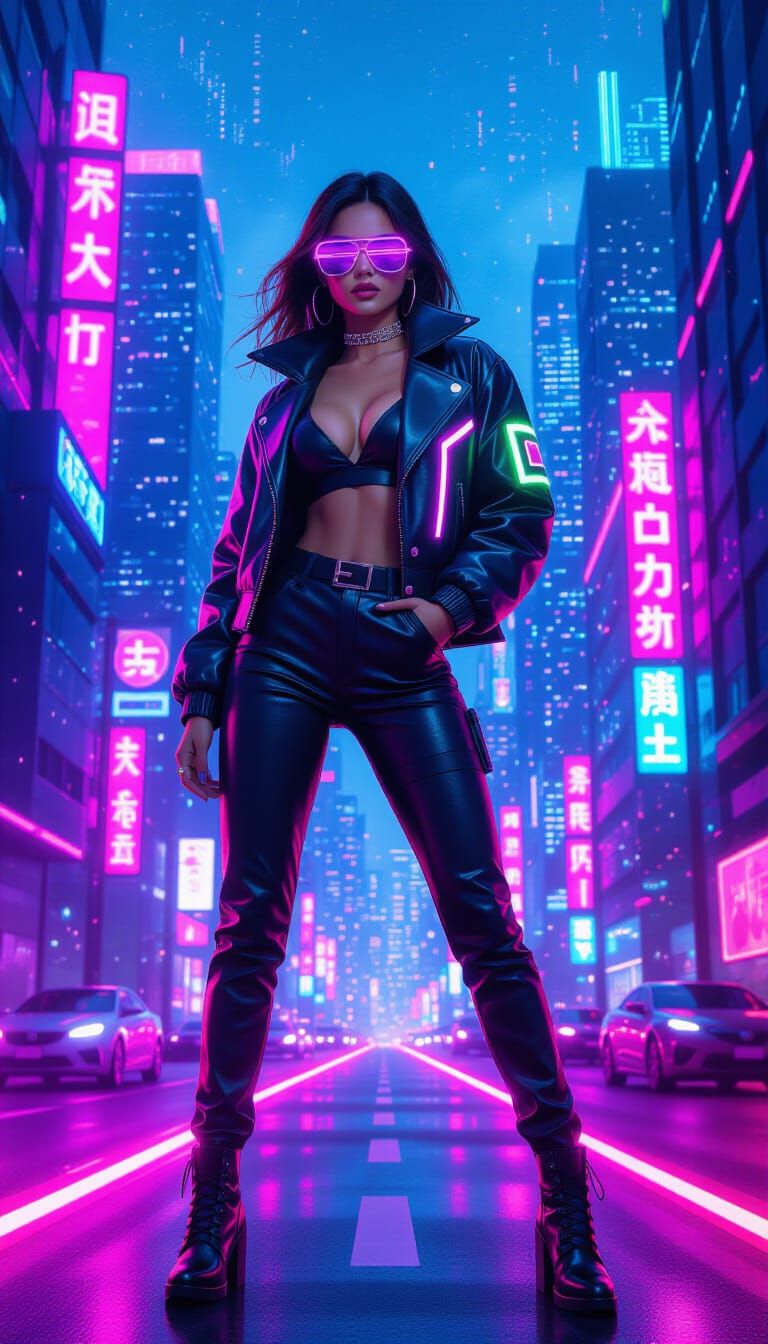 Confident Woman in Retrowave Cyberpunk Cityscape