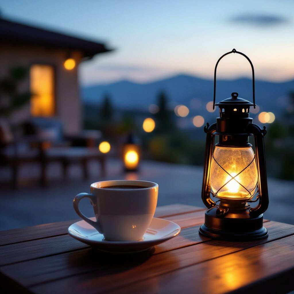 Cozy Night Terrace Scene: Coffee and Lantern