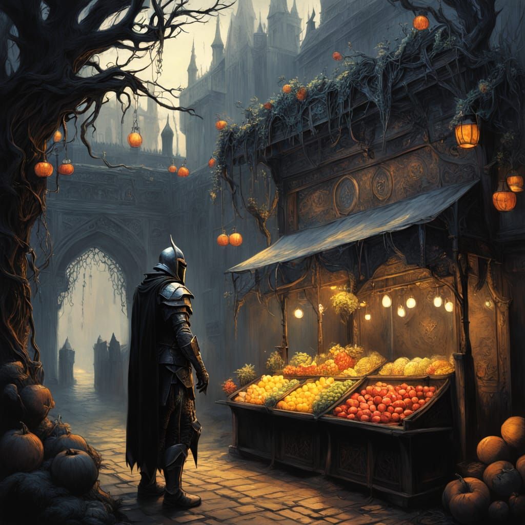 Knight Inspects Glowing Fruit in Dark Fantasy Art