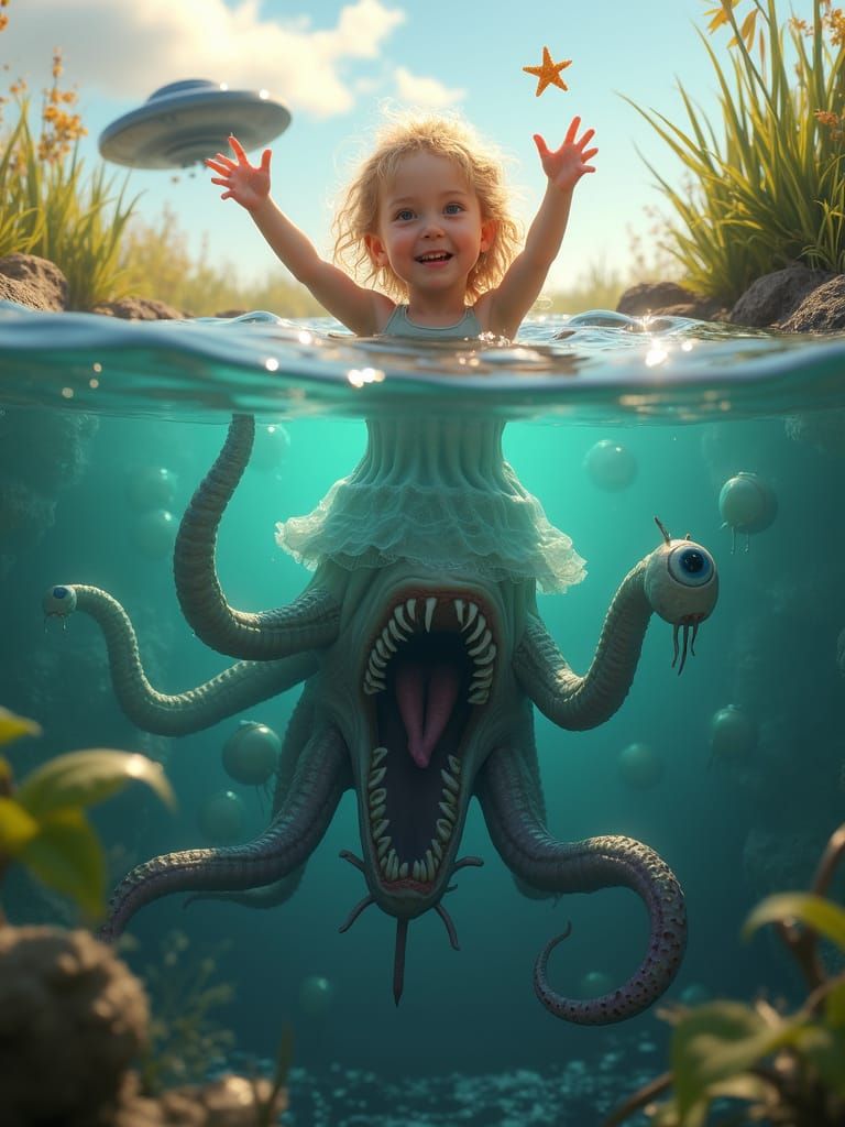 Hybrid Alien Girl Waving with Starfish