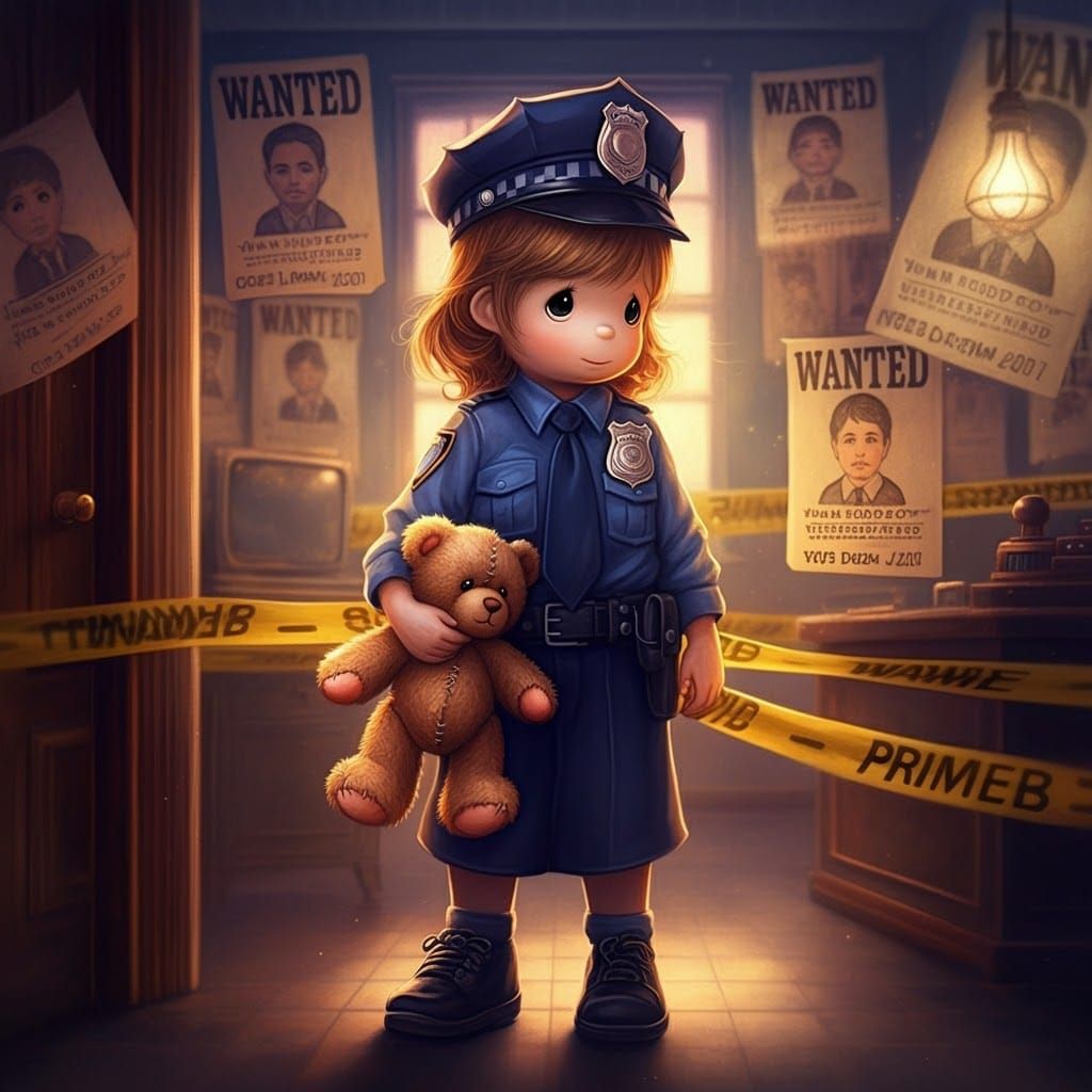 Girl Police Officer with Teddy Bear, Storybook Style