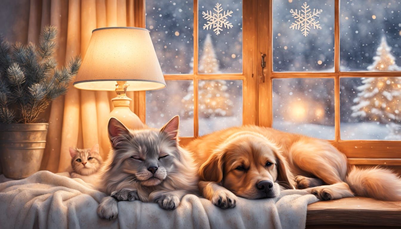 Whimsical Watercolor Portrait of Dogs, Cats, and a Gentle Sn...