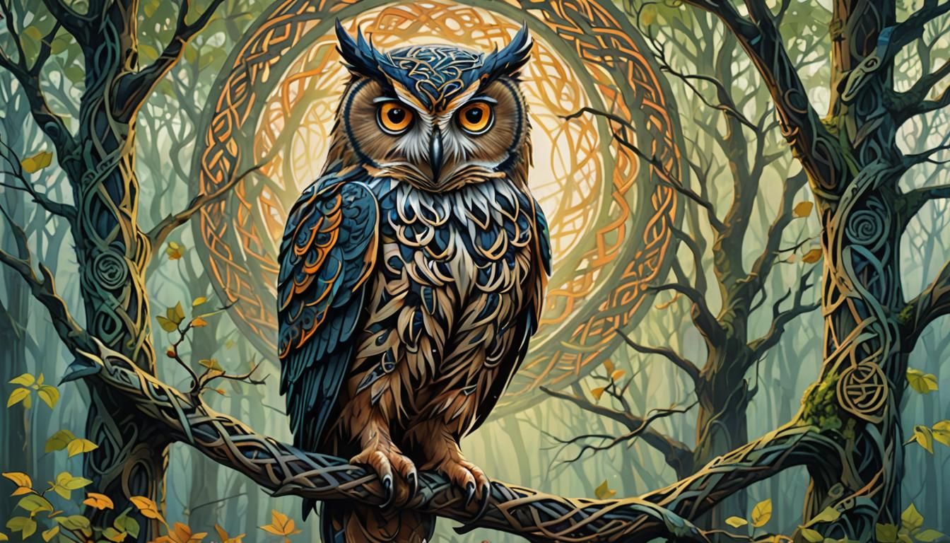 Owl in Celtic Knotwork Forest, Fauvist Colors
