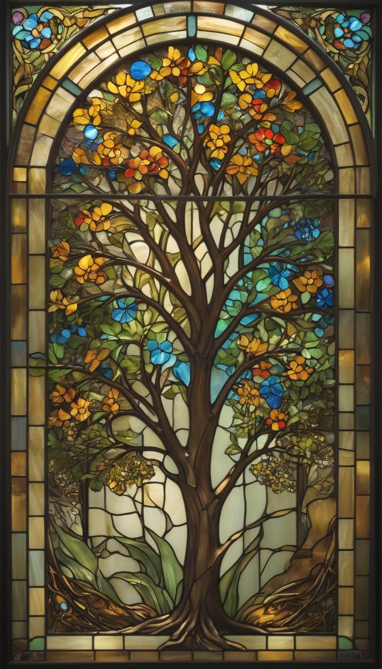 Stained Glass Antique Arched 'Tree of Life' by Louis Comfort...