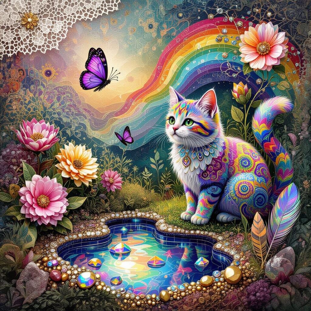 Prismatic Cat in Psychedelic Garden Collage