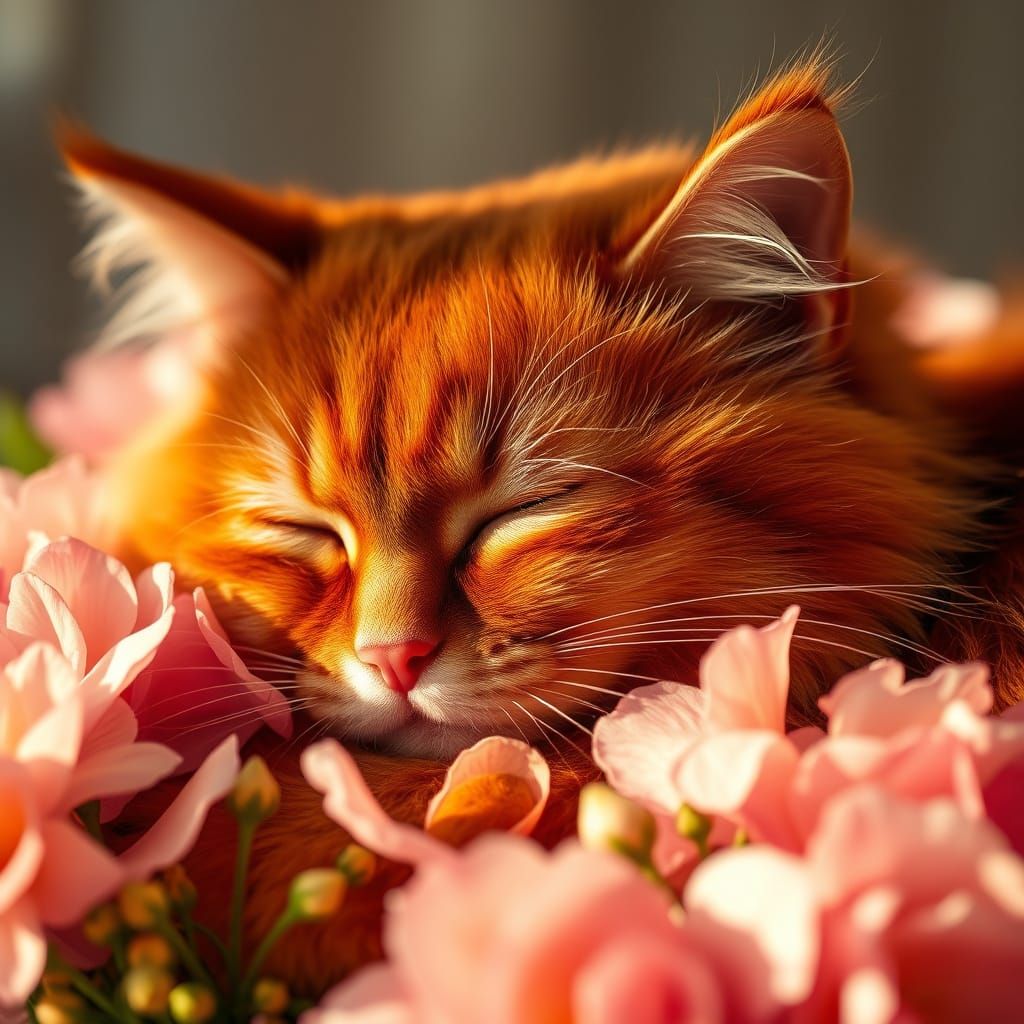 Vibrant Red Cat Sleeping Peacefully Among Flowers