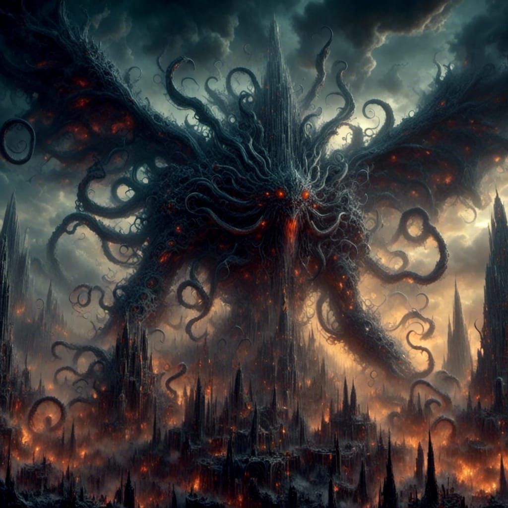 Lovecraftian Horror Titan Over Old City at Night