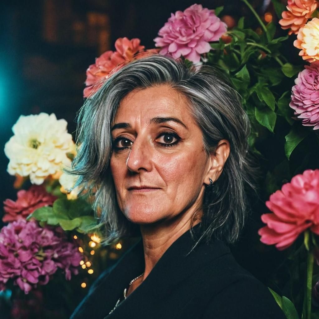 Neon Model Among Flowers: Cinematic Film Still