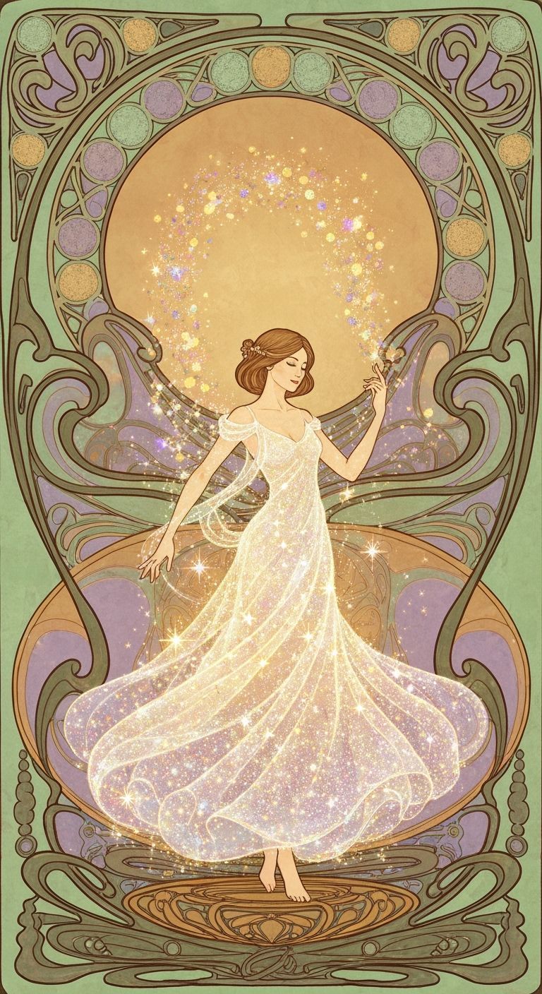 Ethereal Woman in Stardust Gown Art Nouveau Style