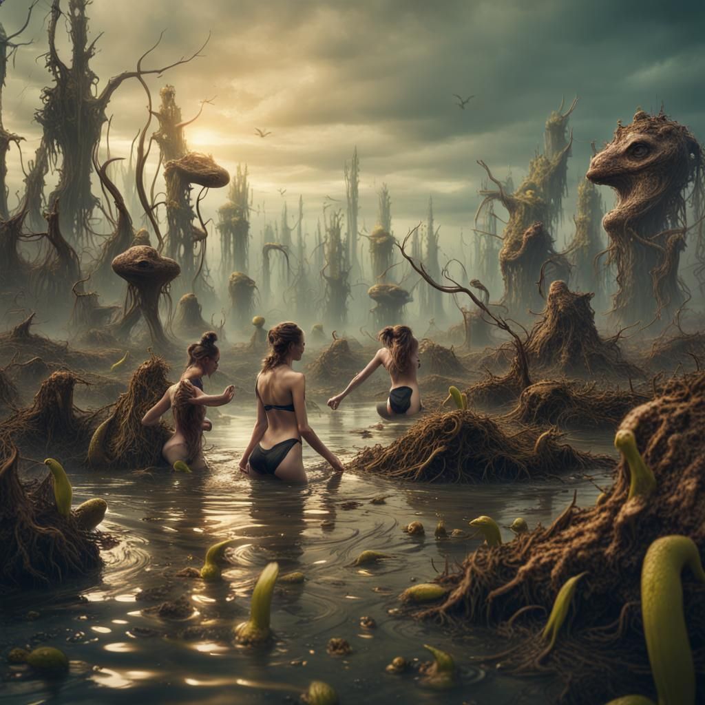 Unusual Swimmers Enjoying a Swim in a Swamp