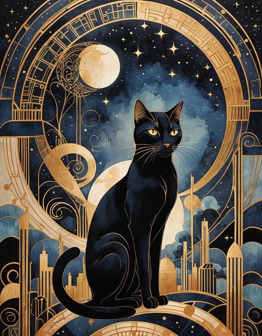 Dramatic Black Cat in Art Deco Style