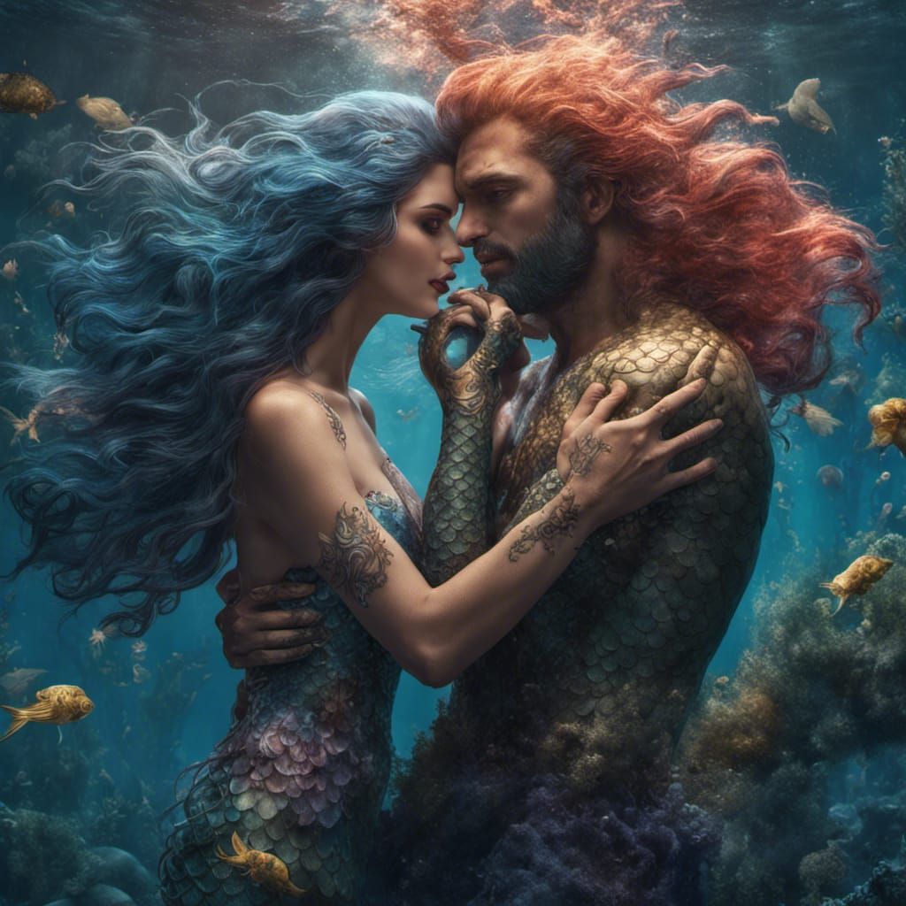 Mermaid and Merman Embrace: Fantasy Concept Art