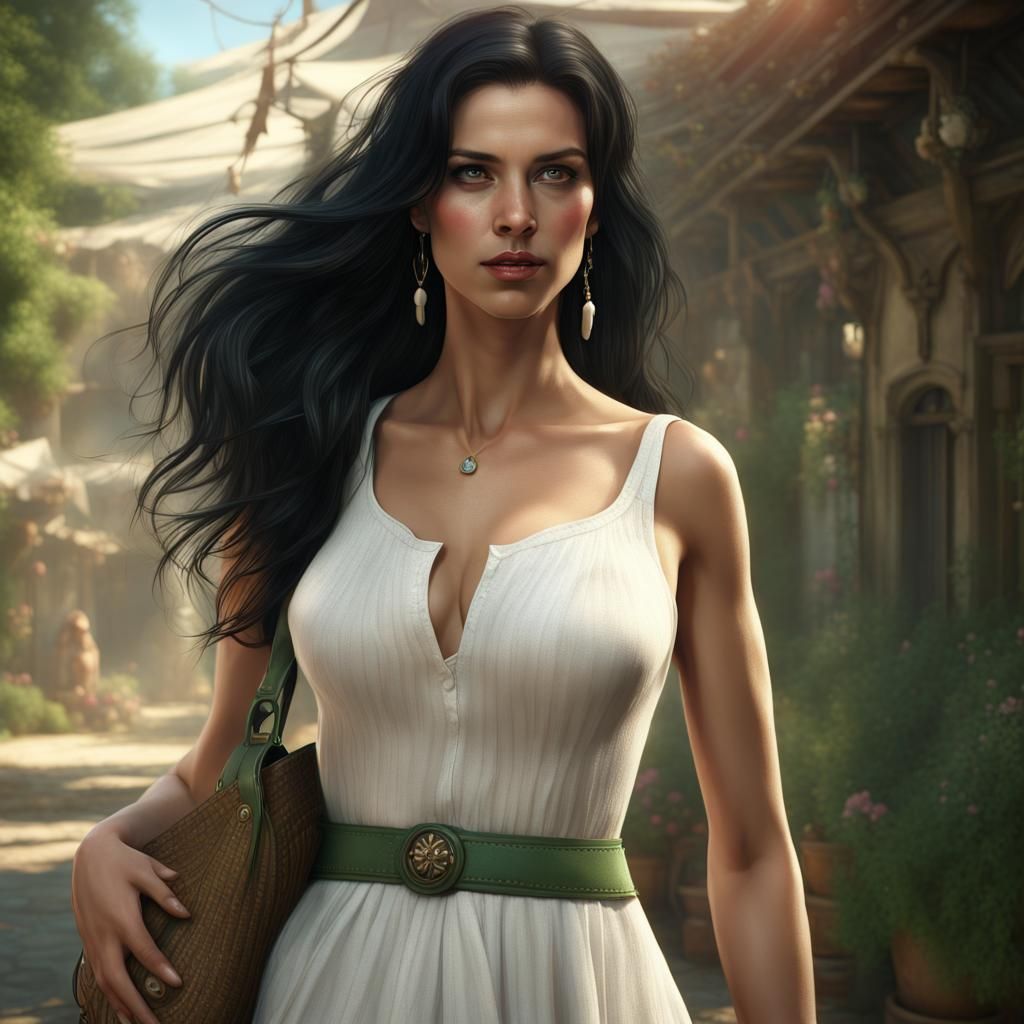Woman in White Sundress: Detailed Matte Painting