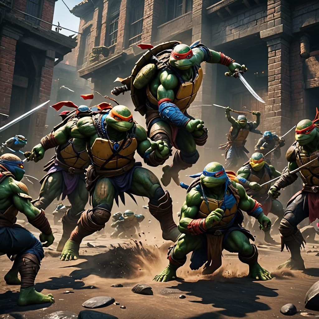 Ninja Turtles Fight Scene: Detailed Matte Painting