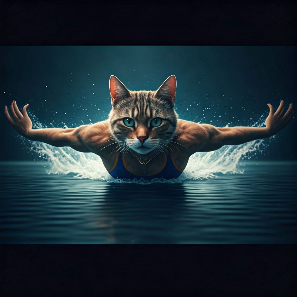 Cat Swimmer in Dramatic Olympic Race, Cinematic Film Still