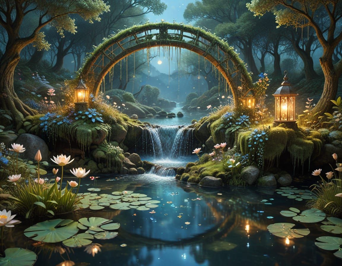 Surreal Waterwheel Scene with Dreamlike Creatures
