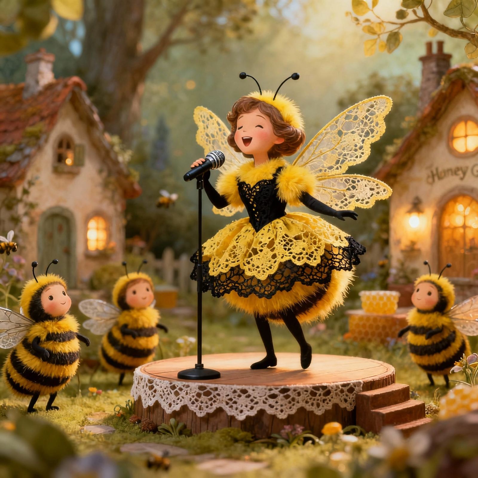Whimsical Bee Fairies Singing in Enchanted Honey Grove