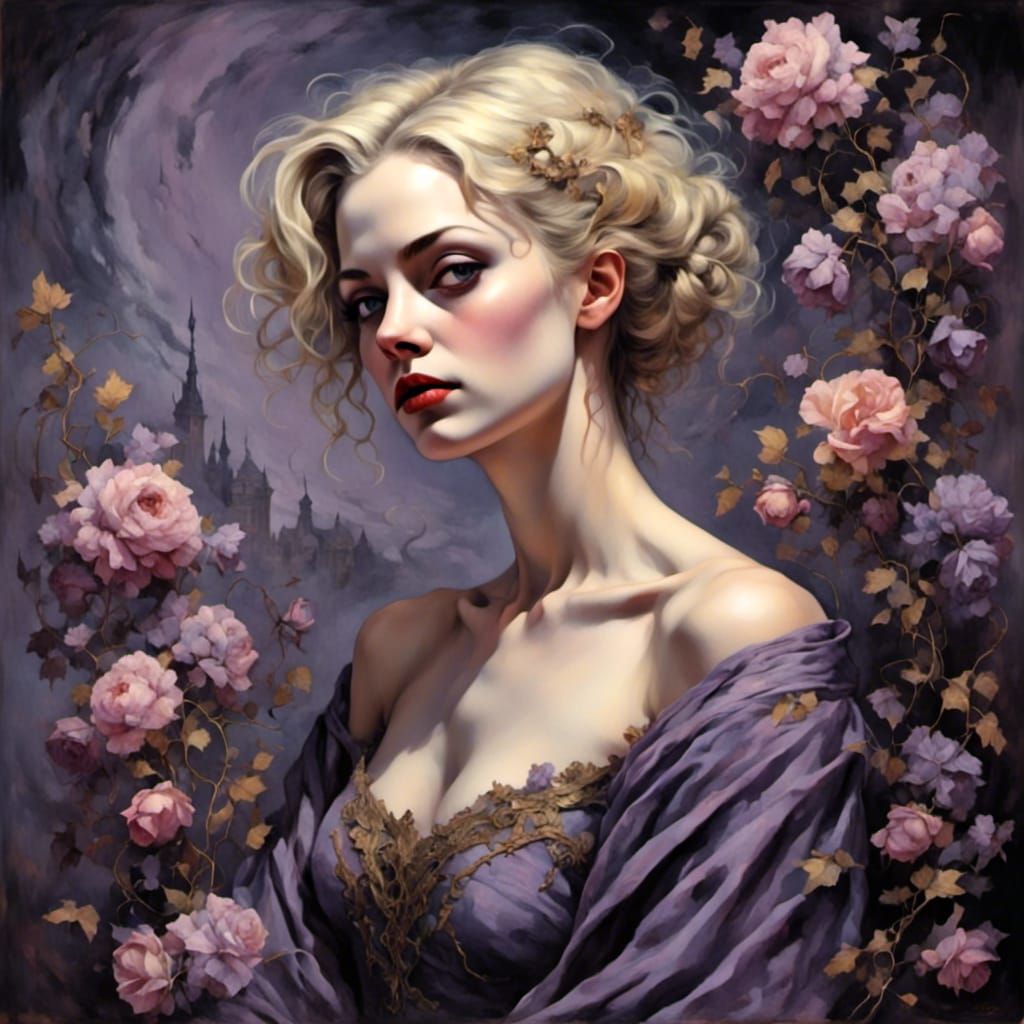 Elegant Woman in Lavender Dress, Gothic Art Style
