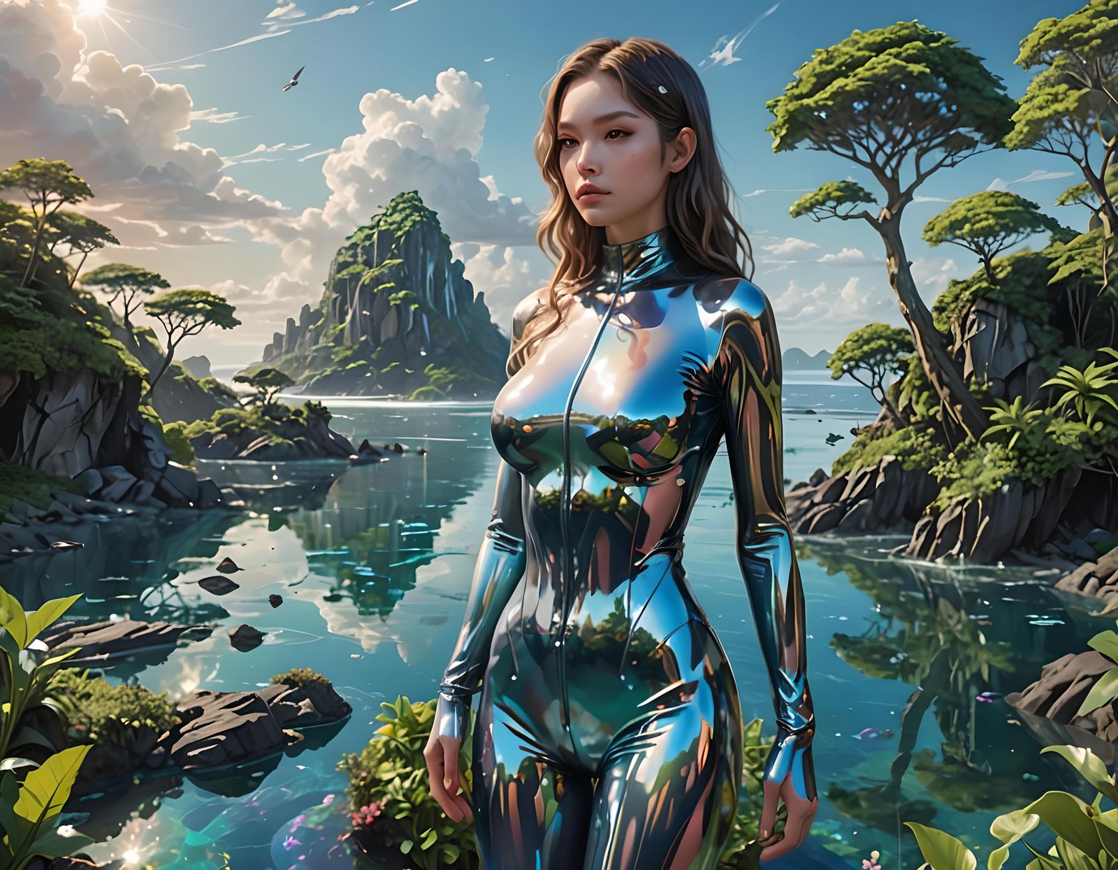 Harmony: Woman in Latex Catsuit on Remote Island