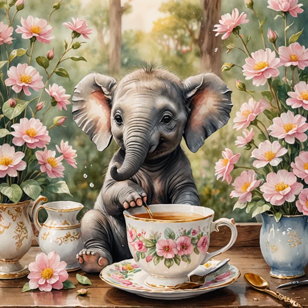 Elephant Tea Bath: Whimsical Watercolor Illustration