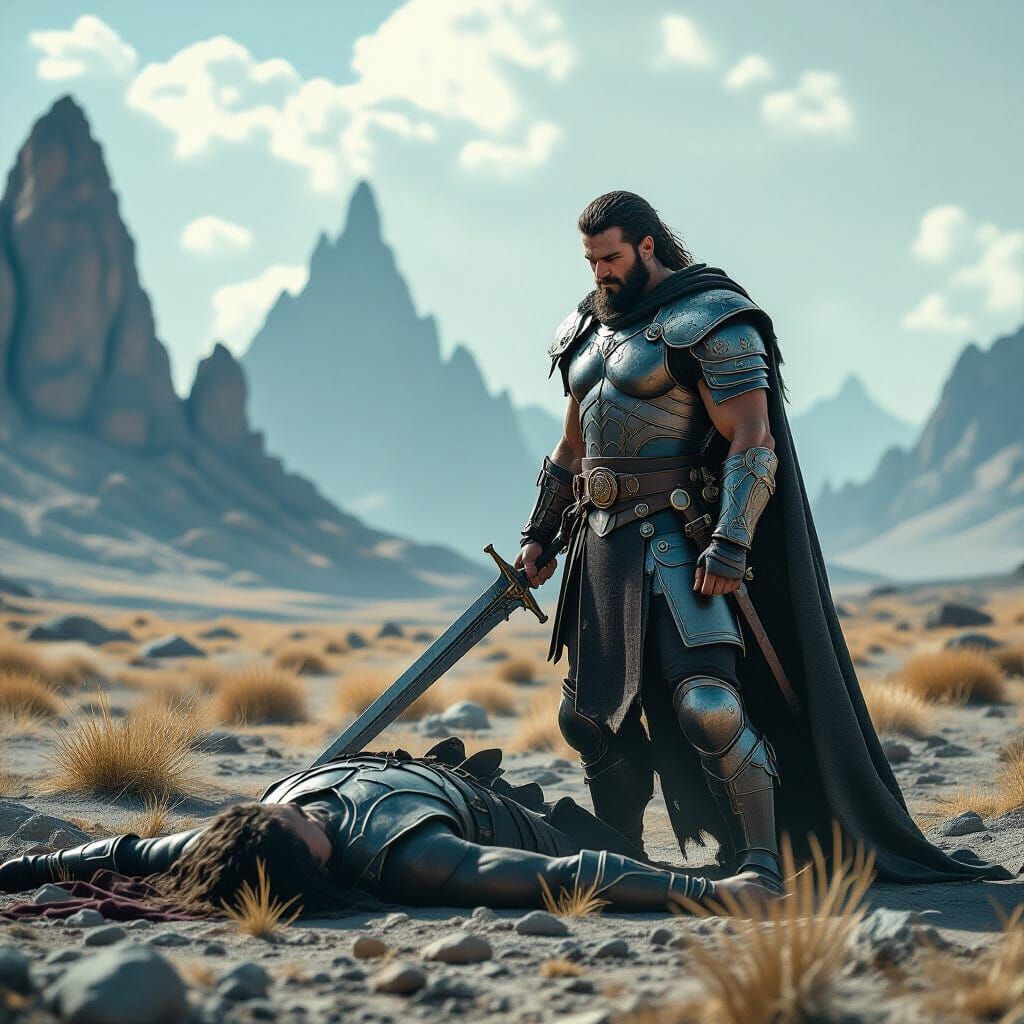 Victorious Warrior Over Dark Sorcerer in Frank Frazetta Styl...