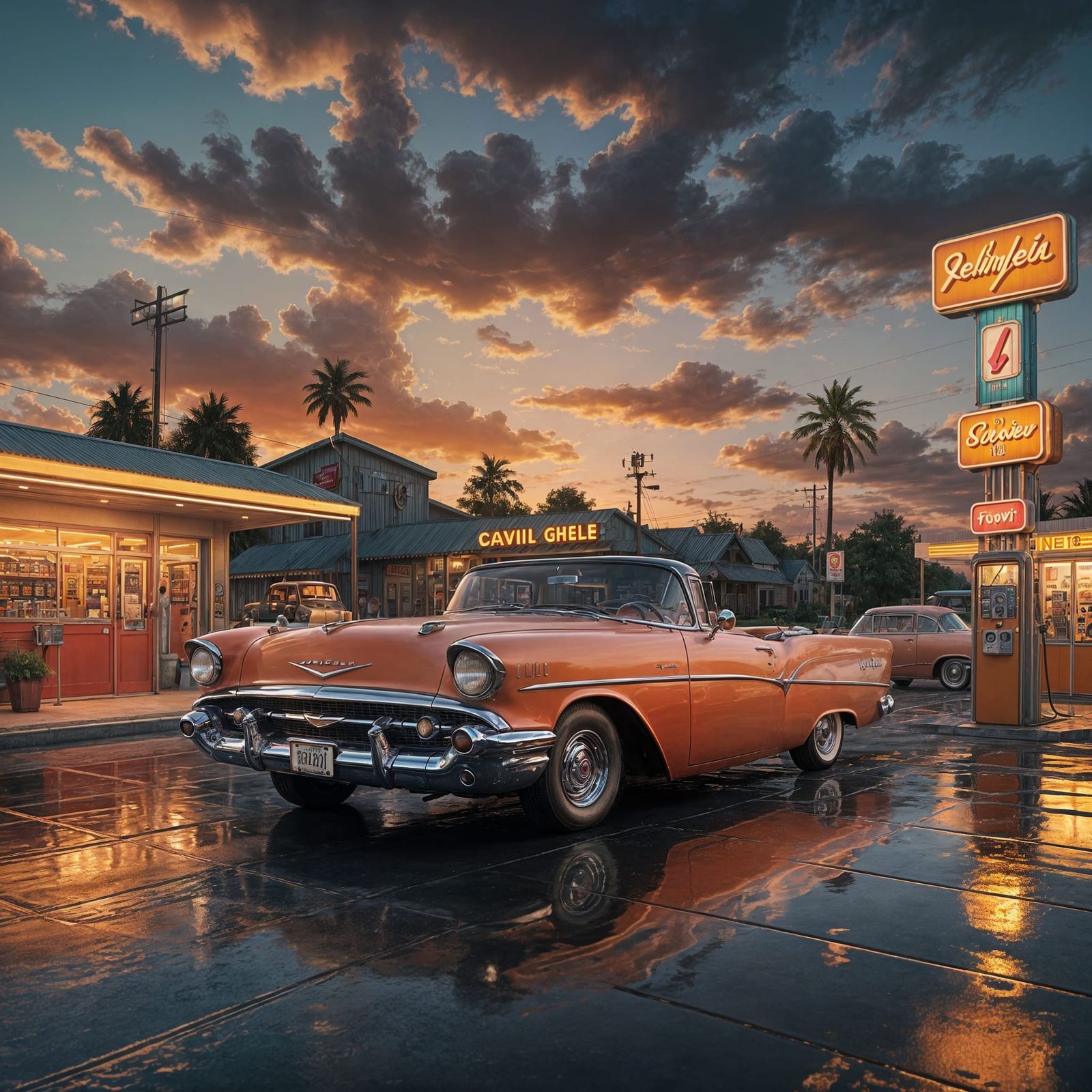 Surreal Sunset Scene at Retro Gas Station with Classic Car