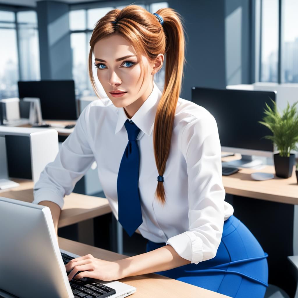 Office Girl Working at Computer with Fiery Tendrils