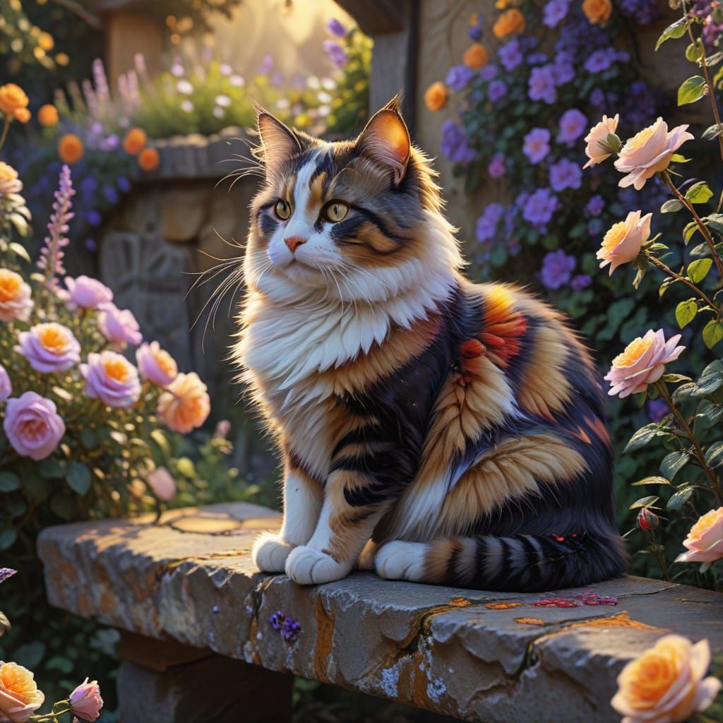 Calico Cat in Cottage Garden: Fantasy Oil Painting