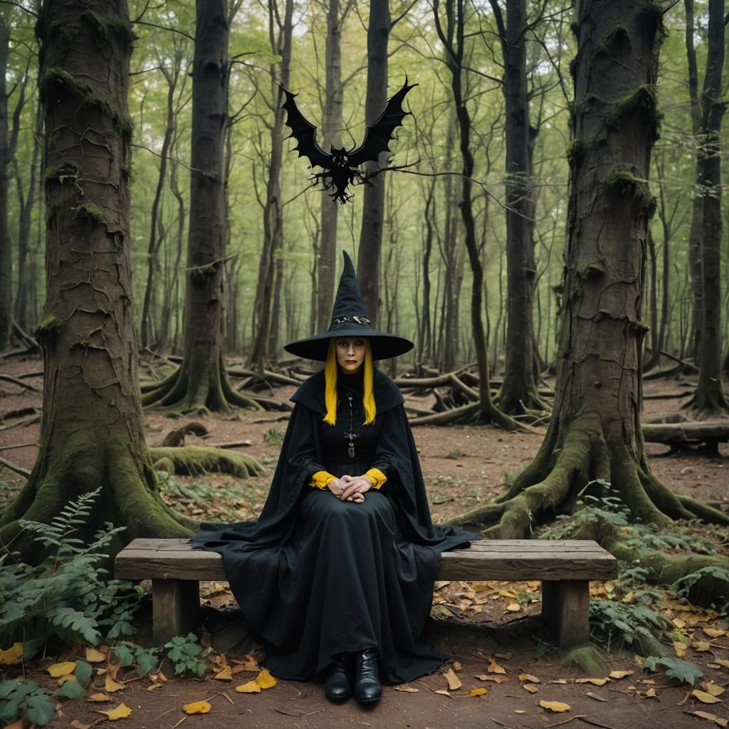 Enigmatic Witch on Ancient Bench in Forest