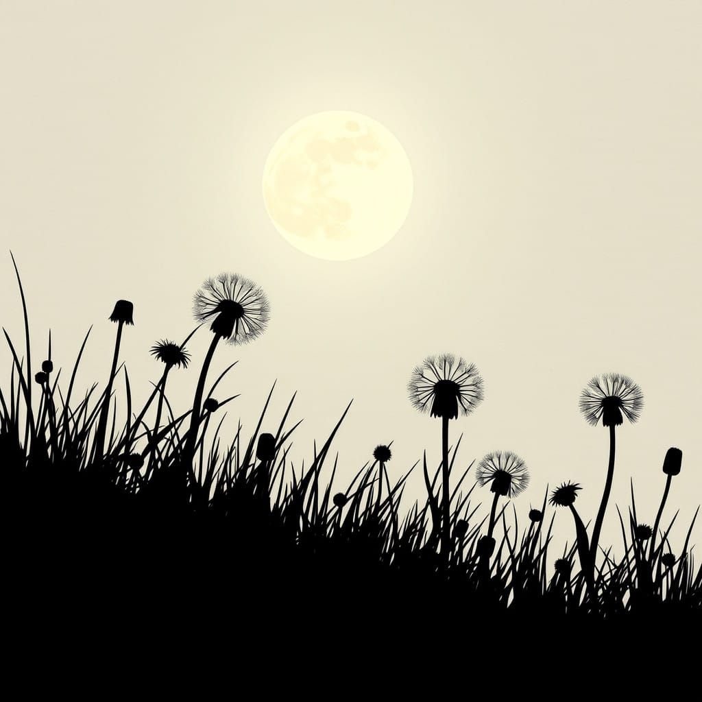 Serene Moonlit Dandelion Meadow in Haiga-Inspired Style