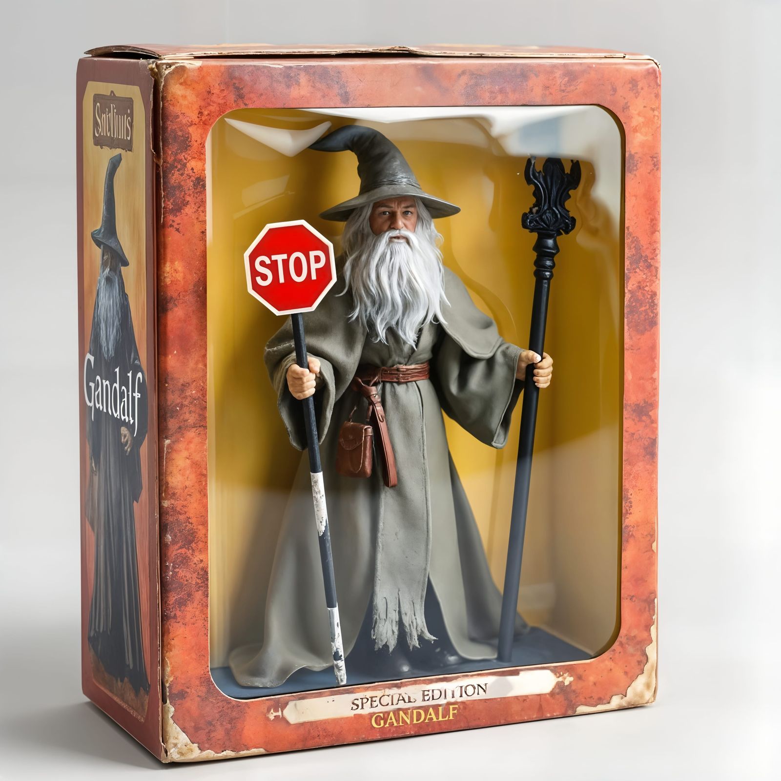 Distressed Retro Action Figure Box Art in Golden Script